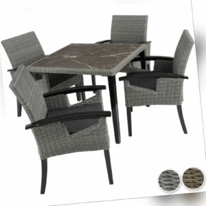 Alu Rattan Tisch + 4 Stühle Essgruppe Sitzgruppe Gartenmöbel Set Gartengarnitur