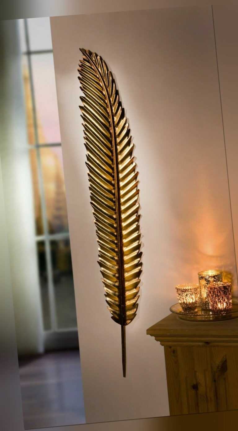 Wandhänger "Feder" aus Metall, gold, 99 cm hoch, Wand Deko Schmuck Hänger