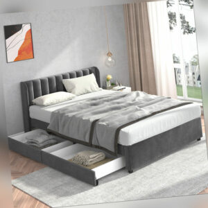 Polsterbett 140 x 200 cm Doppelbett Bett Mit Lattenrost und 2 Schubladen, grau