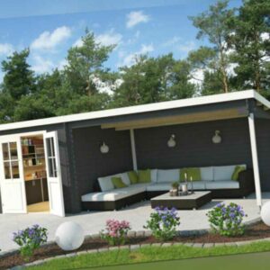 Gartenhaus Blockbohlenhaus St. Louis Exklusiv 28 mm carbongrau mit 4 m Anbau