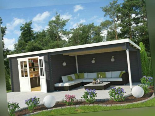 Gartenhaus Blockbohlenhaus St. Louis Exklusiv 28 mm carbongrau mit 4 m Anbau