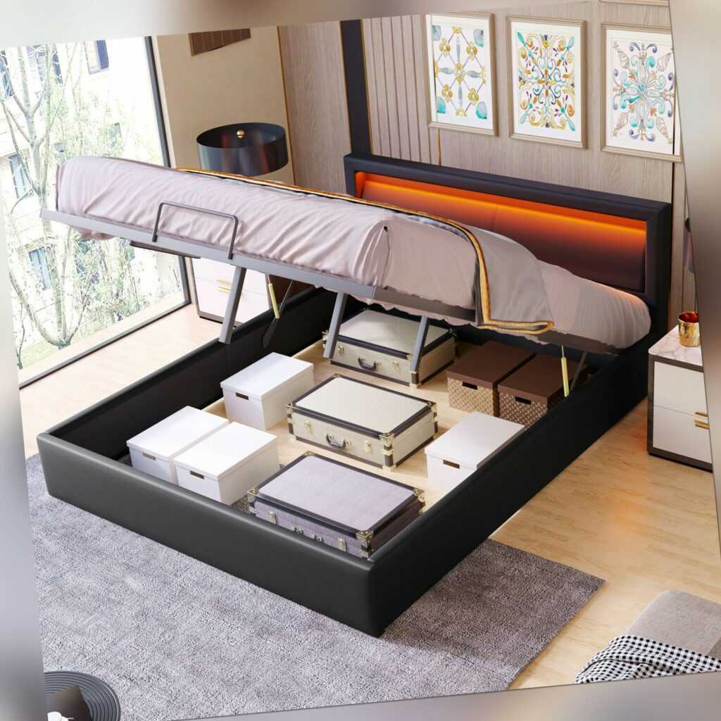 LED Kunstlederbett Polsterbett 140x200cm Bett Doppelbett mit Bettkasten Stauraum