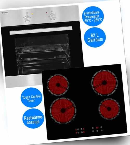 exquisit Einbau Herd Set Backofen Glaskeramik-Kochfeld rahmenlos autark Timer