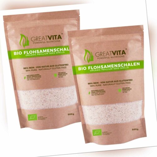 GreatVita 2x500g Bio Flohsamenschalen 99% rein | Flohsamen-Schalen aus Indien