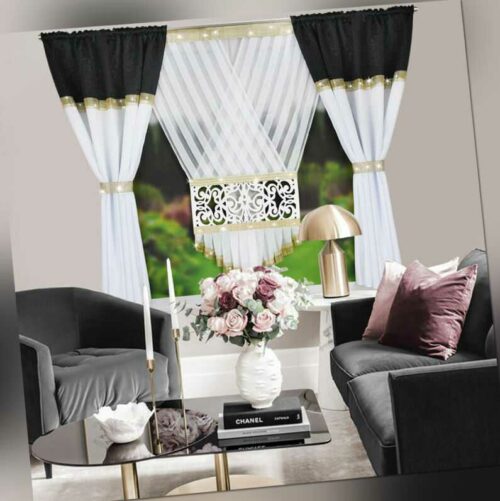 Vorhänge Gold  Voile Paneel Zirkonia Fertiggardine 3 er Set Neu!!!