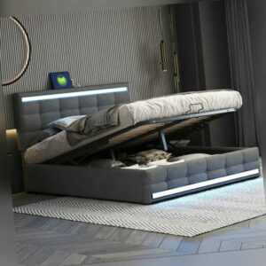 Polsterbett 140x200 cm Doppelbett LED Bettgestell mit Bettkasten Lattenrost Grau