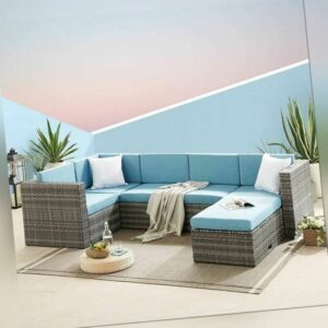 Gartenmöbel Sitzgruppe Sofa Rattanmöbel Gartenset Polyrattan Lounge Grau Blau
