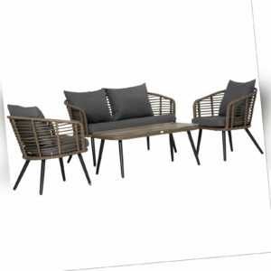 4-teiliges Polyrattan Gartenmöbel Set Teetisch mit Sofa Kissen Stahl Braun+Grau