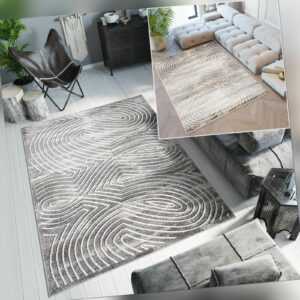 Moderner Teppich Wohnzimmer Kurzflor Beige Grau Abstrakt Schlafzimmer