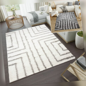 Moderner Shaggy Teppich Langflor Creme Grau Streifen Muster Wohnzimmer