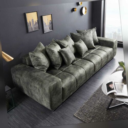 Modernes XXL Sofa ELEGANCIA 285cm moosgrün inkl. Kissen Bigsofa Couch Federkern