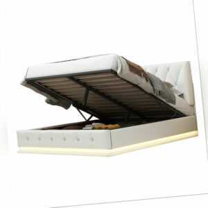 LED Kunstlederbett Polsterbett Doppelbett Bettgestell Bettkasten 140x200 Weiß