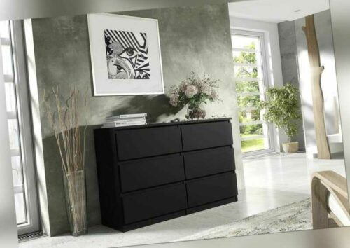 Kommode Schwarz Matt mit 6 Schubladen 140 cm - Sideboard Wohnzimmer