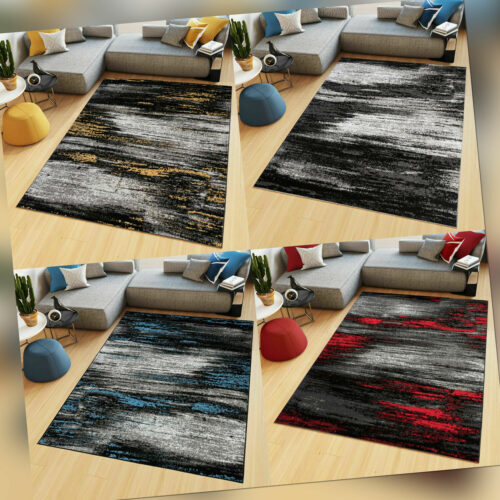 Teppich Modern Abstrakt Verwischtes Muster Gelb Blau Rot Kurzflor Wohnzimmer NEU