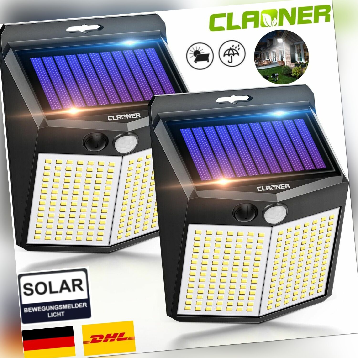 2er Solarleuchte mit Bewegungsmelder 196 LED Außen Garten Sensor Fluter Strahler