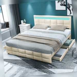 LED Polsterbett 180x200cm Doppelbett Bettgestell mit Schubladen Lattenrost Beige