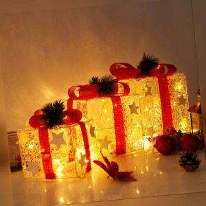 3er Set LED Geschenkbox Weihnachten Beleuchtete Geschenkboxen Lichterkette Deko