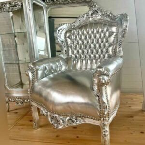 Armchair Velvet Silver French Louis in Silver Finish Sofa Chair Italian Baroque