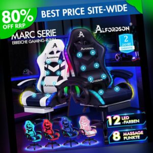 ALFORDSON Gaming Stuhl mit 8-Punkt Massage 12 Farben RGB LED-Licht