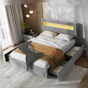 Polsterbett 140x200 cm mit Bettkasten LED Lattenrost grau Bettgestell Doppelbett