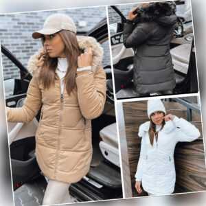 Damen Winterjacke Steppjacke Bodywarmer Jacke mit Fellkapuze Winter DSTREET S-XL