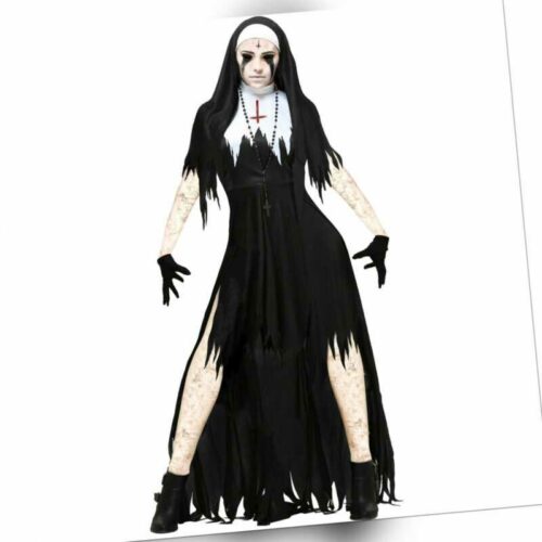 Halloween Nonne Cosplay Kostüm Damen Schwarz Vampir Fantasy Kleid Terror Sister