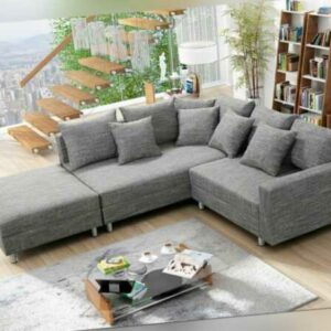 Wohnlandschaft Sofa Couch Ecksofa Eckcouch Gewebestoff hellgrau + Hocker Minsk L