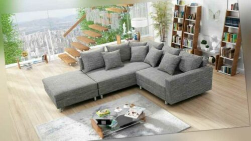 Wohnlandschaft Sofa Couch Ecksofa Eckcouch Gewebestoff hellgrau + Hocker Minsk L