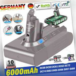 6000mAh Für DYSON V6 Akku DC58 DC59 DC61 DC62 DC72 SV03 SV06 SV09 21.6V Batterie