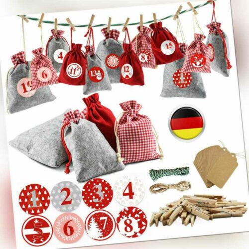 24x Adventskalender zum Befüllen Weihnachten Stoffbeutel Stoffsäckchen Aufkleber