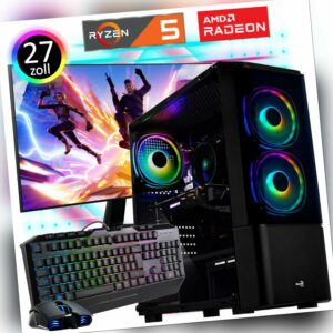 Gaming PC Komplett Set AMD Ryzen 5 6x 4.2 Ghz Radeon Gamer 27" TFT RGB Tower W11