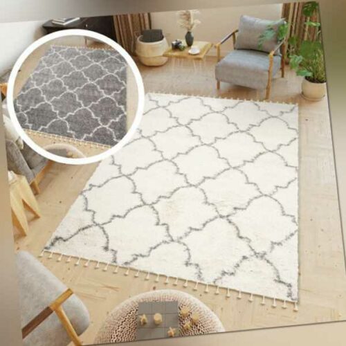 Wohnzimmer Langlor Teppich Shaggy Modern Fransen Trellis Muster Grau Creme