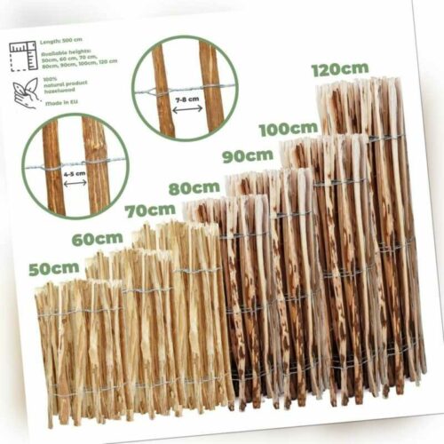 Bogateco Staketenzaun Haselnuss Kastanie | Holz-Zaun 50-120cm Hoch | 500 cm Lang