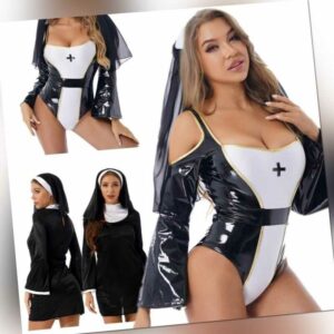 DE Sexy Damen Saintlike Verführerin Kostüm Kunstleder Nonne Halloween Cosplay