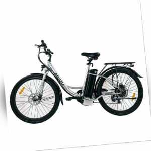 Myatu E-Bike Tiefeinstieg Damen Citybike 26 Zoll 360 Wh Elektrofahrrad Silber DE