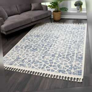 Teppich Wohnzimmer mit Fransen - Skandi Floral Pastellfarben - Blau Kurzflor