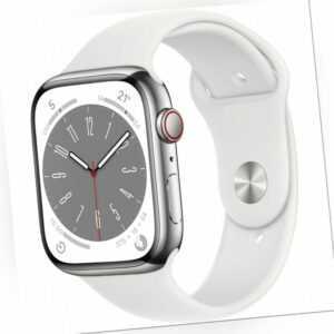 Apple Watch Series 8 Sportarmband 45mm Edelstahl GPS + 4G Smartwatch silber/weiß