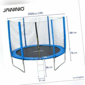 JAWINIO Gartentrampolin Kinder-Trampolin 305cm Garten Komplett-Set Netz TÜV Blau