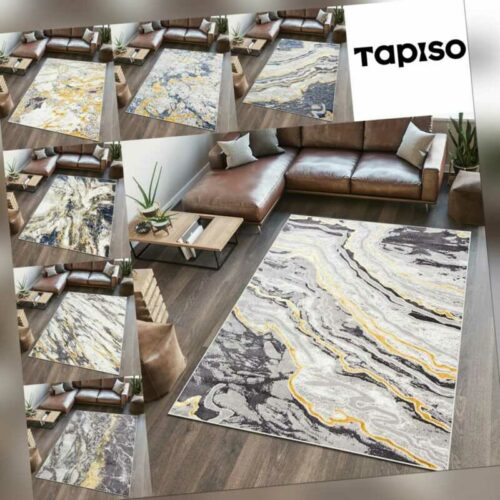 Wohnzimmer Teppich Kurzflor Abstraktes Muster Grau Creme Gold Blau 3D Optik