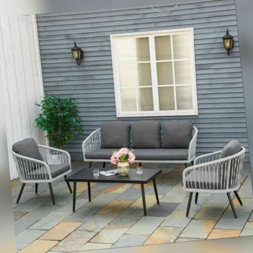 Outsunny Polyrattan Gartenmöbel Set 4-teiliges Sitzgruppe mit Kissen Alu Grau