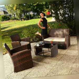 Sitzgruppe Polyrattan Gartenmöbel Set Sitzgarnitur 4 tlg. Braun Beige Lounge