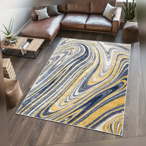 Teppich Kurzflor Modern Abstrakt Grau Blau Gold Wohnzimmer Teppich  3D Optik