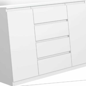 Kommode Weiss Matt mit 4 Schubladen und 2 Türen 140 cm, Sideboard Wohnzimmer