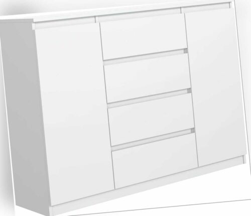 Kommode Weiss Matt mit 4 Schubladen und 2 Türen 140 cm, Sideboard Wohnzimmer