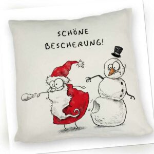 KISSEN Weihnachtsmann und Schneemann mit Spruch Schöne Bescherung Polyester