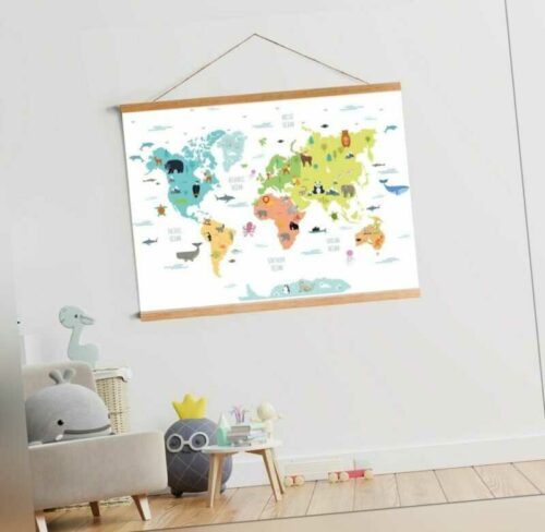 Weltkarte Leinwand Posterdruck , Kinder Weltkarte , Kinderzimmer Weltkarte