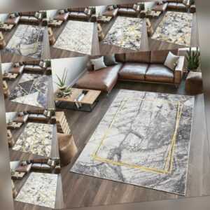 Moderner Teppich Design Kurzflor Geometrisches Muster Gold Creme Grau Wohnzimmer