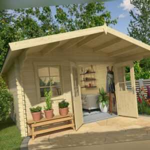 34 mm Gartenhaus 380x320 cm mit 130 cm Vordach Gerätehaus Blockhaus Holz NEU