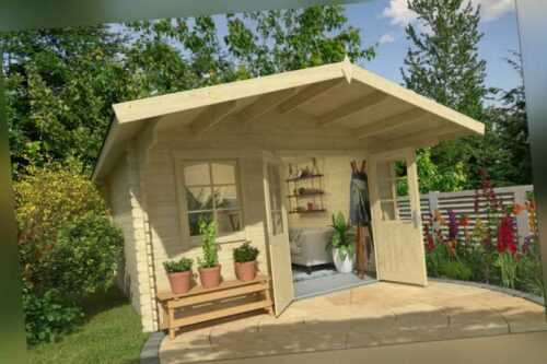 34 mm Gartenhaus 380x320 cm mit 130 cm Vordach Gerätehaus Blockhaus Holz NEU