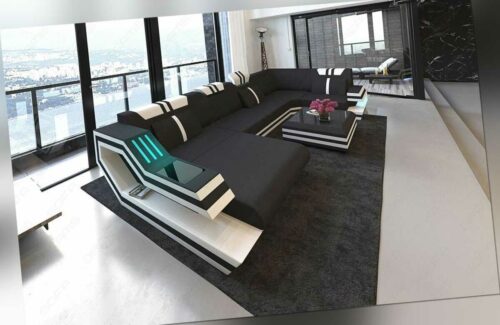 Sofa Wohnlandschaft RAVENNA U Form Schwarz Design Mikrofaser Couch LED Ottomane